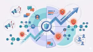 Современная иллюстрация на тему модерации ВКонтакте с символами блокировки и цифровыми элементами интерфейса